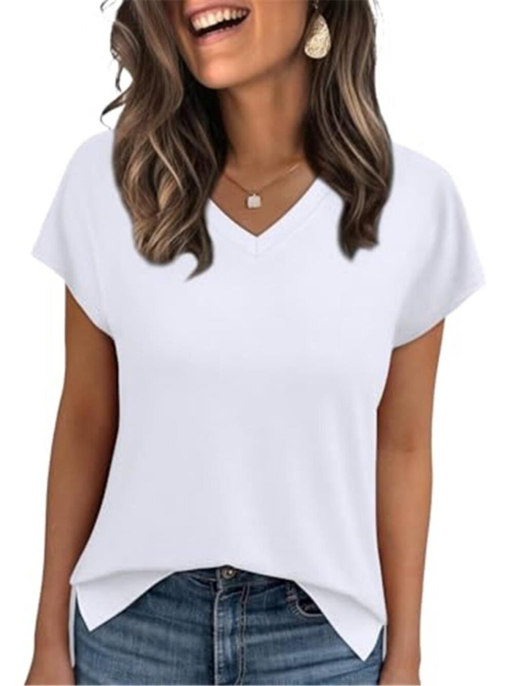 Womens V Neck T Shirt Cap Sleeve Casual Summer Top Split Hem Blouse